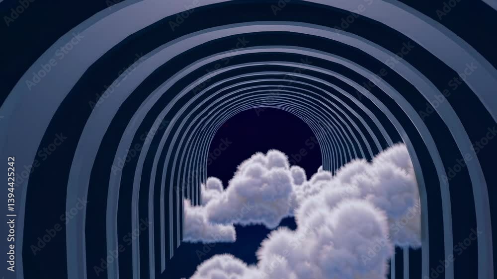 Poster fluffy white clouds are floating through an abstract futuristic tunnel, creating a surreal and dream