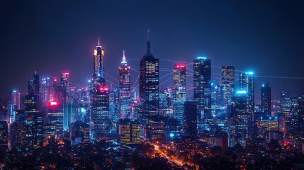 Futuristic cityscape at night, illuminated skyscrapers connected by glowing network lines.