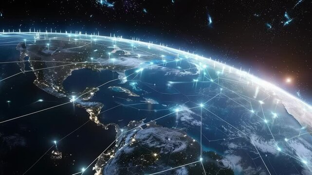 planet with a network of lines connecting it to other planets. Connections system and global datas exchanges over the globe 3D rendering elements of this image 