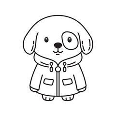 Cute Puppy Little Dog Pet Animal Cartoon Character Wearing Jacket Coat in Line Art Design