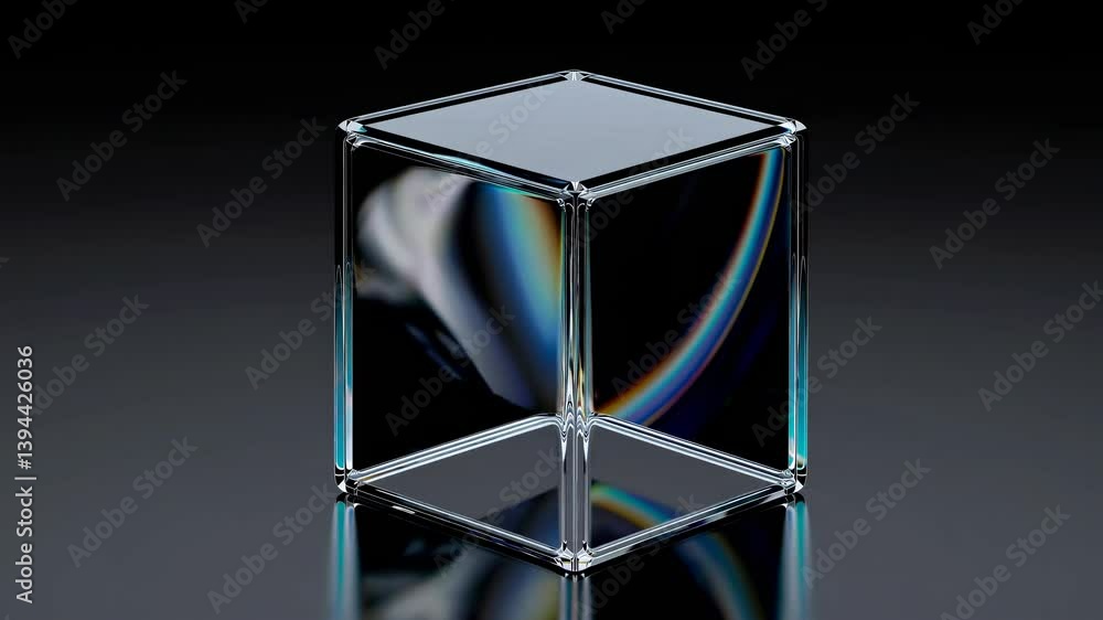 Poster transparent glass cube showcasing mesmerizing light refraction patterns, creating a vibrant display 