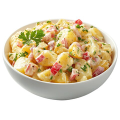 Creamy potato salad with herbs and diced vegetables in a white bowl, garnished with parsley. isolated on white background and transparent background