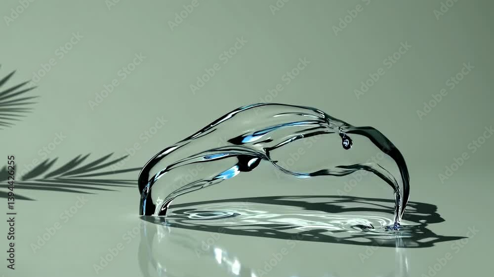Poster refreshing transparent water splashes, creating a dynamic arc against a subtle green backdrop, with 