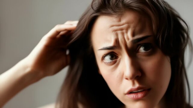 woman very sad and upset looking at damaged hair, hair loss, hair thinning problem, vitamin deficiency, baldness, postpartum, biotin, zinc, menstrual or endocrine disorders, hormonal imbalance