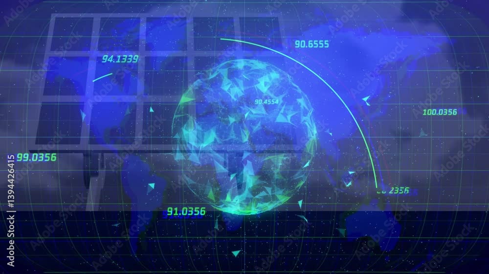 Poster digital globe with numerical data and network connections over world map animation