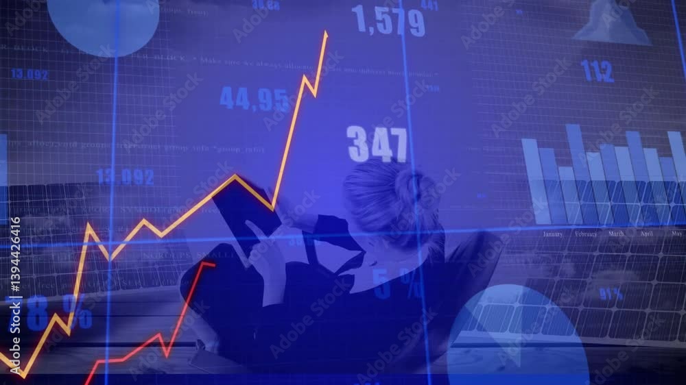 Poster businesswoman analyzing financial graphs and charts with data processing animation