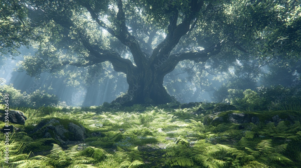 Poster a majestic tree stands in a vibrant forest, surrounded by lush ferns and illuminated by soft beams o