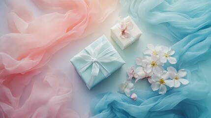 Pastel Gift Boxes with Spring Blossoms on Soft Fabric