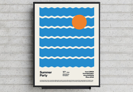 Summer Party Poster Template with Wavy Pattern and Sun