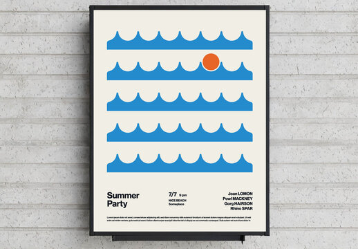Summer Party Poster Template with Sun and Waves