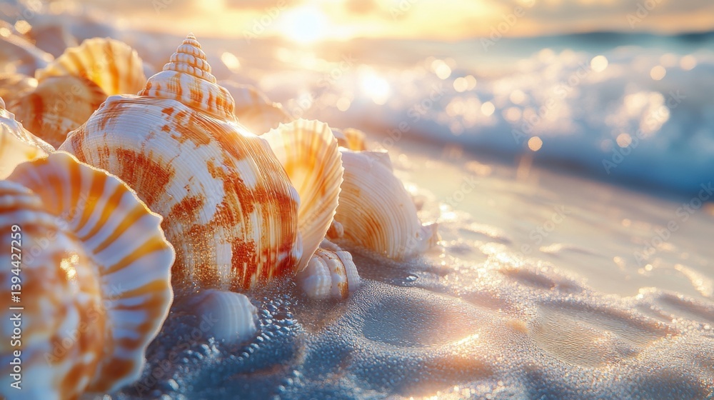 Poster a close-up view of beautifully patterned seashells resting on wet sand, illuminated by the warm glow