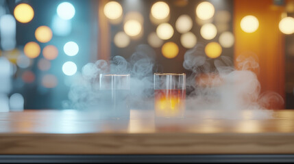 Fototapeta premium captivating scene featuring two glasses filled with colorful beverages, surrounded by swirling mist and soft glowing lights