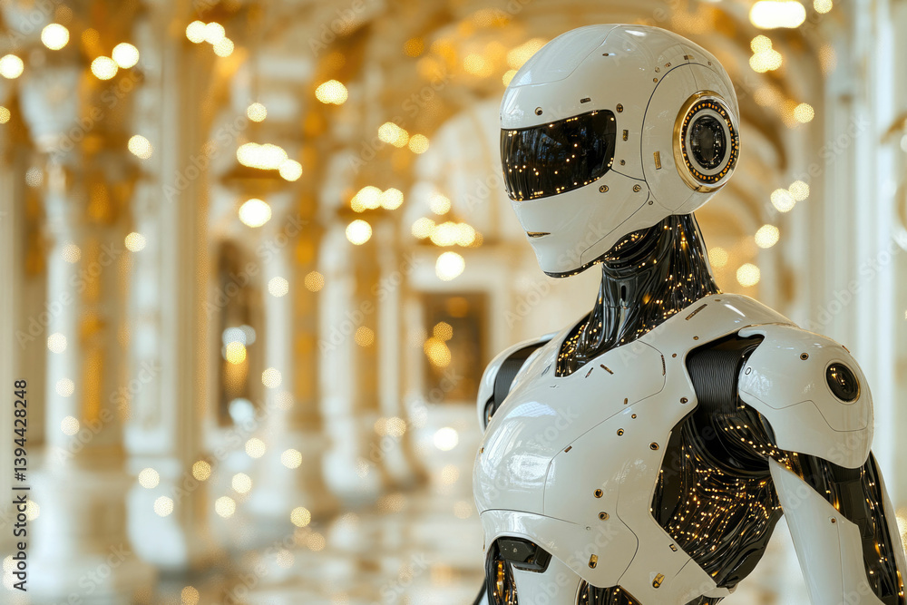 Poster a futuristic, white, humanoid robot stands in a grand hall with golden bokeh lights, showcasing adva