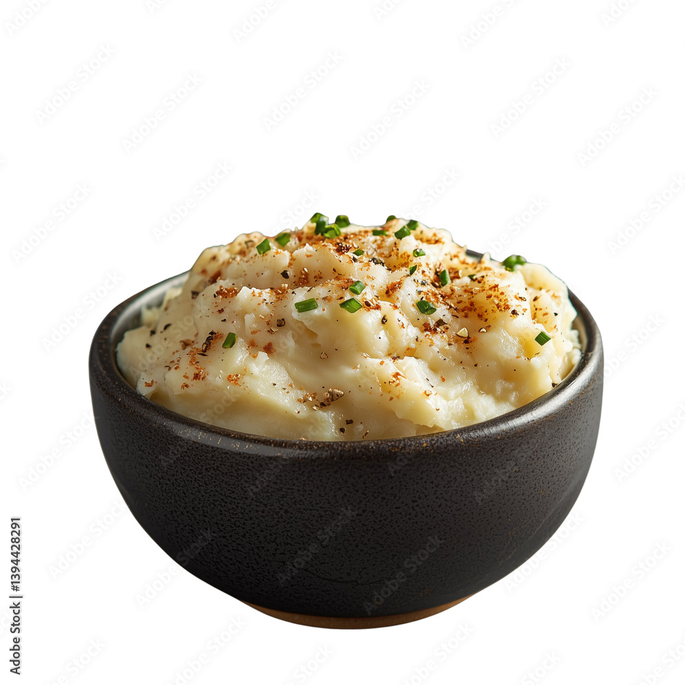 Poster creamy mashed potatoes topped with herbs and spices in a rustic bowl. isolated on white background a