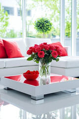 A vase of red roses sitting on top of a white coffee table