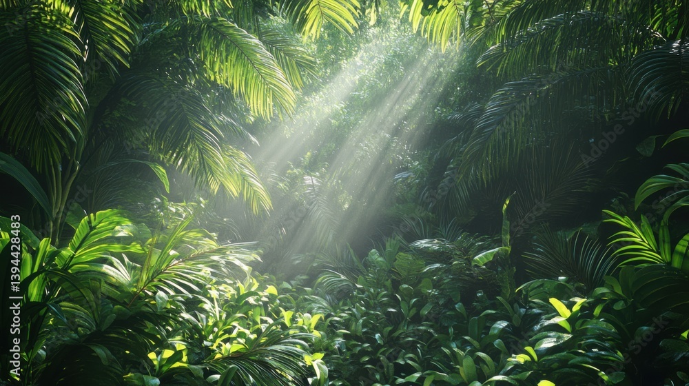 Poster a serene jungle scene featuring lush greenery and sunlight filtering through the dense foliage, crea