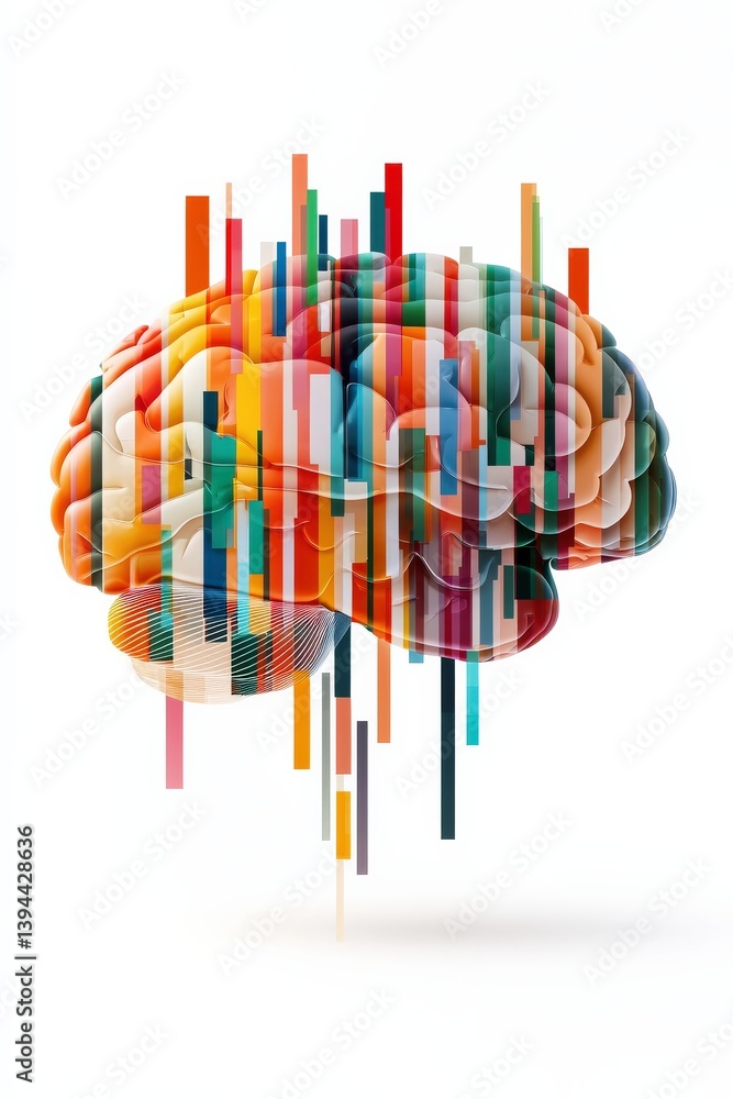 Poster a digital brain composed of floating pixels that assemble into clear patterns, critical thinking ski