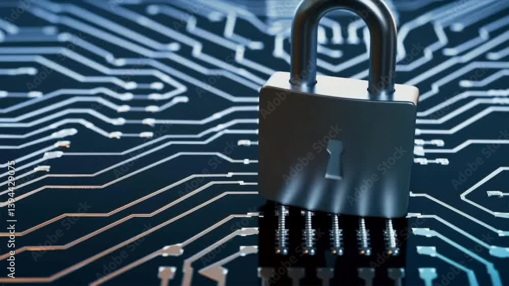 Poster close-up of a padlock on a circuit board, symbolizing security and protection in the digital world.