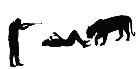 Shape hunter with rifle shooting on tiger attacks injured man lies on ground vector silhouette isolated. Boy lying down against angry beast animal. Tourist zoo park accident fall in cage life treating