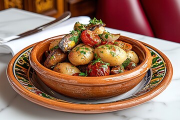 Roasted Potatoes and Cherry Tomatoes in Rustic Terracotta Bowl
