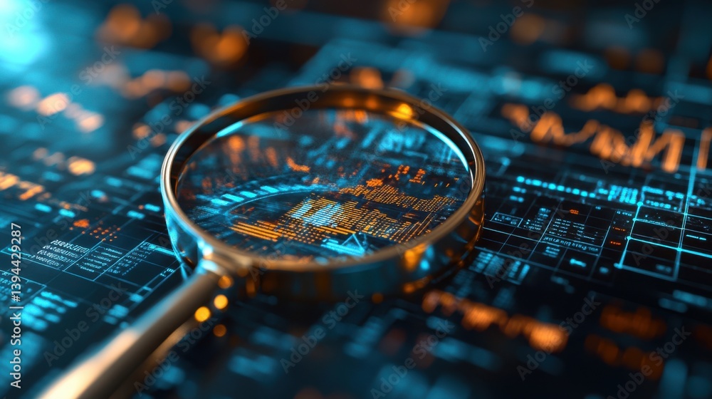 Poster a magnifying glass focuses on digital data and graphs, highlighting analysis and technology in a vib
