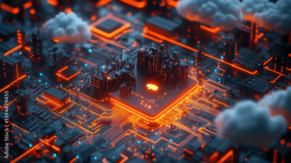 Poster a futuristic cityscape visualized on a circuit board, featuring glowing elements and abstract struct
