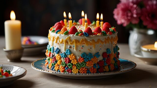 Birthday cake decorated with icing and candles
