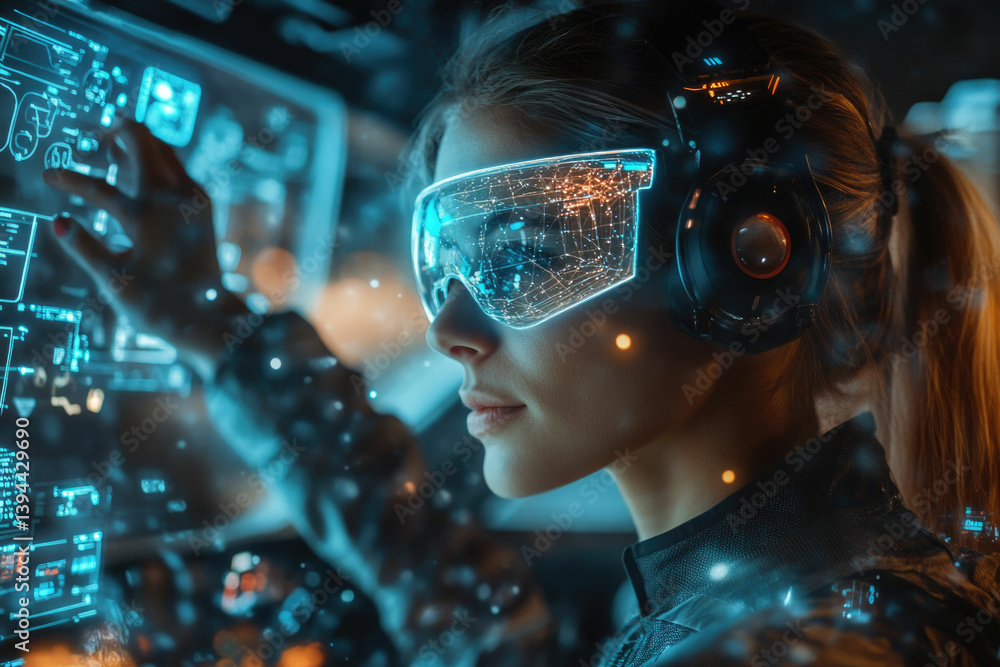Poster a woman wearing futuristic augmented reality glasses interacts with glowing holographic interfaces i