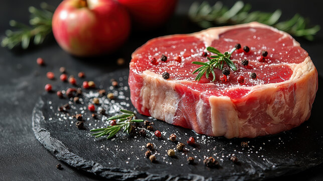 A succulent raw ribeye steak seasoned with salt pepper and rosemary sits on a dark slate plate alongside fresh red s ready for grilling or pan-sea.