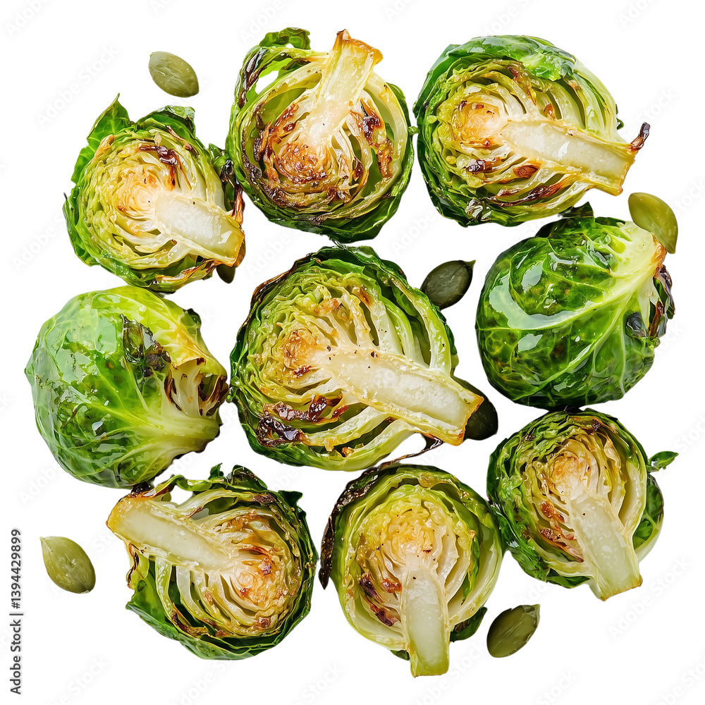 Poster roasted brussels sprouts arranged in a circular pattern showcasing their vibrant green leaves and un
