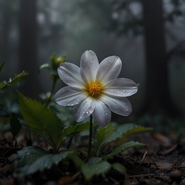 A beautiful white flower bloomed on the ground in the middle of a dark forest.