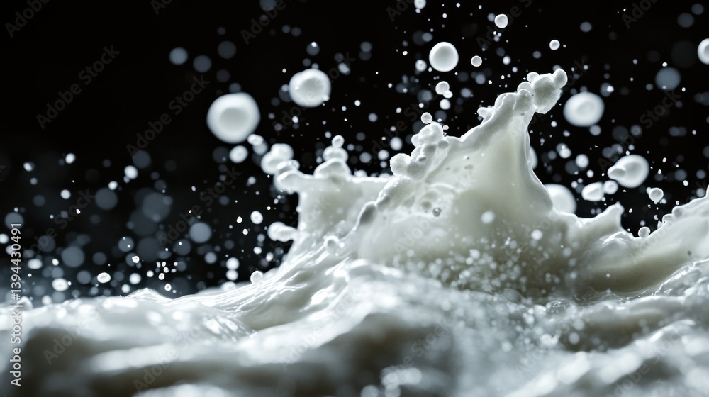 Poster a close-up image of splashing milk, showcasing dynamic droplets and a smooth texture against a dark 