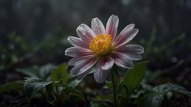 Pink and yellow flower blooming on the ground in a dark forest