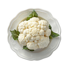 A fresh cauliflower arranged on a decorative plate, showcasing its intricate texture and green leaves, set isolated on white background and transparent background