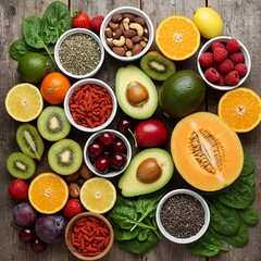 Vibrant superfood array showcasing nature s bounty a colorful mix of fruits vegetables nuts and
