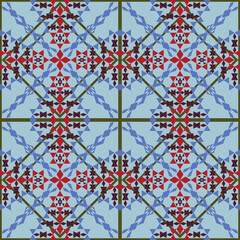 seamless geometric pattern with repeating diamond and triangular shapes in red,blue,brown on sky blue background.design for tile,ceramics,fabric,textile,wallpaper,background,carpet. 