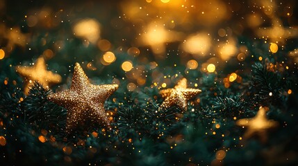 Golden stars on dark green pine branches with bokeh lights.