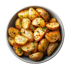 Bowl of roasted potatoes garnished with herbs, showcasing a crispy texture and golden hue. isolated on white background and transparent background