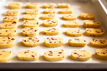 raw, ready-to-bake orange and cranberry cookie dough