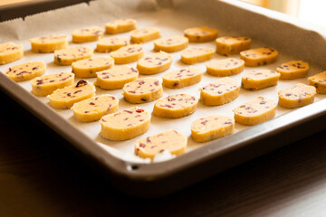 raw, ready-to-bake orange and cranberry cookie dough