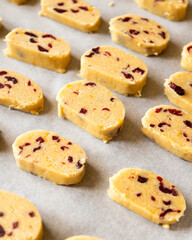 raw, ready-to-bake orange and cranberry cookie dough