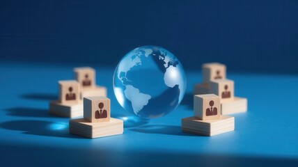 Global network representation with people icons and a globe in a scene