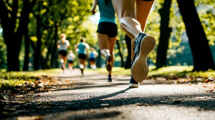 Shot of a group of people running a marathon in the park.