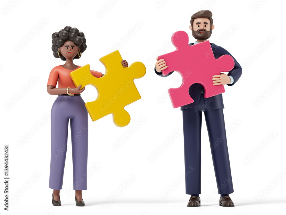 Poster 3d people holding puzzle pieces symbolize teamwork and problem-solving. 3d rendering, conceptual ima