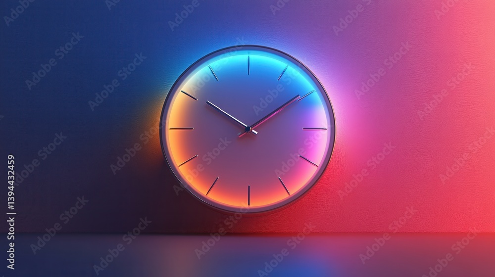 Poster a modern clock with vibrant blue and orange lights, casting a stylish glow against a textured wall, 