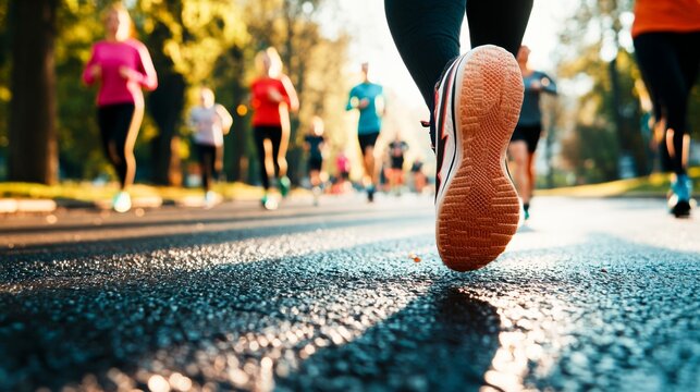Shot of a group of people running a marathon in the park.
