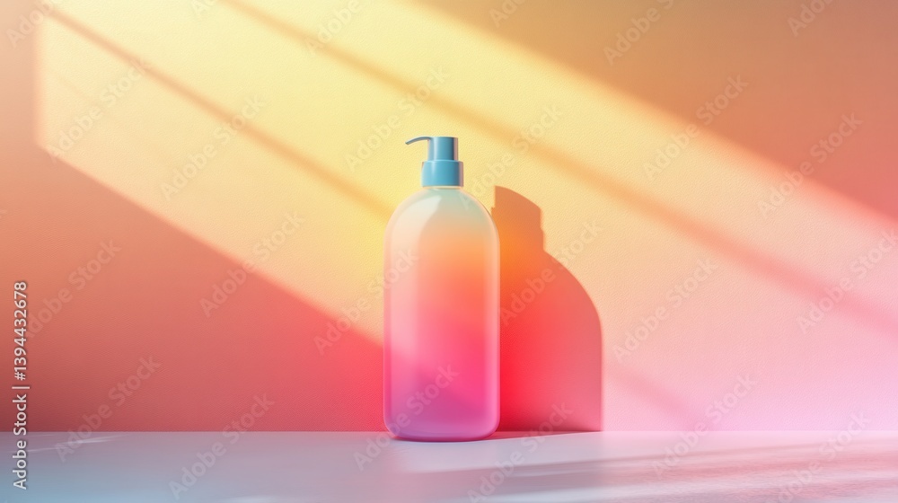 Poster a vibrant bottle on a minimalistic surface, illuminated by soft, colorful light, creating an artisti