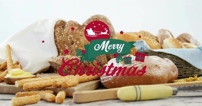 Christmas animation with festive icons over assorted bread and pastries