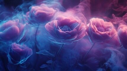 Glowing Pink And Blue Flowers In Dark Fog Digital Art