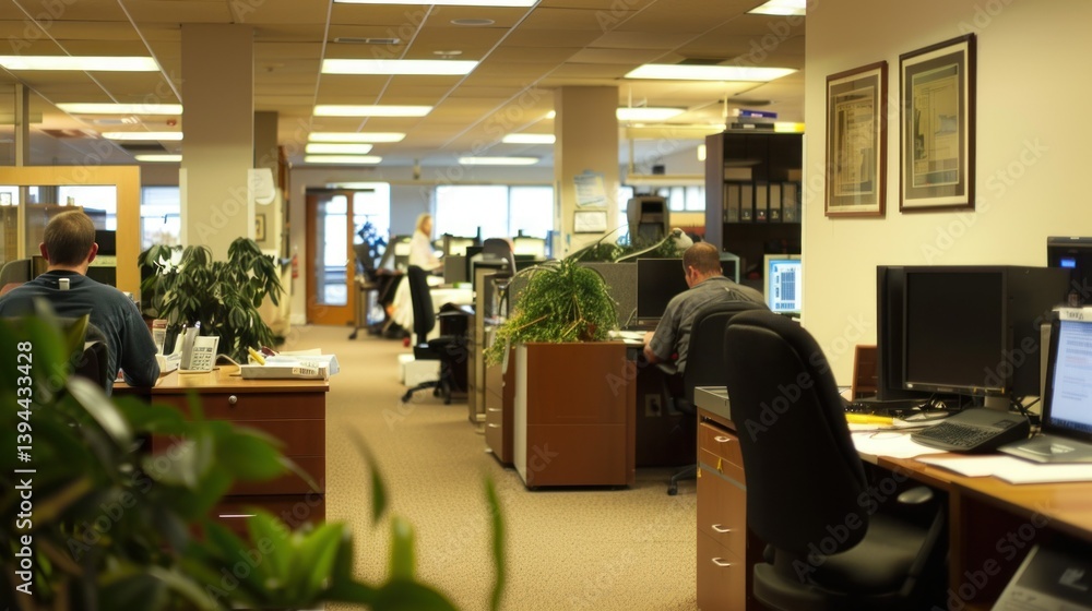 Poster a professional office environment with an employee working on a computer.